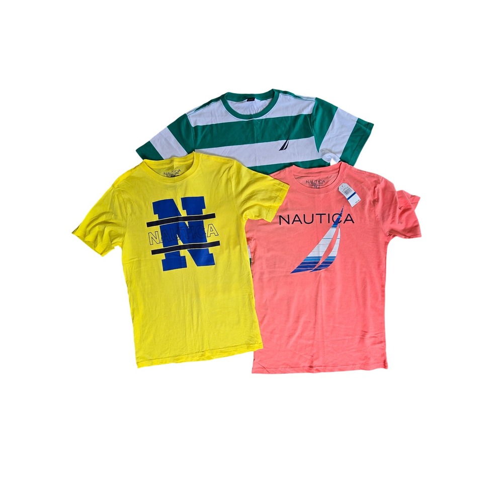 Nautica Youth Boys 3 Pack T-Shirts XL 18/20 Yellow Coral Green Stripe Graphic